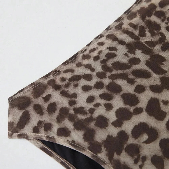 Multicolor Casual Women's Leopard Print Oblique Shoulder Bodysuit - Picture 5 of 7